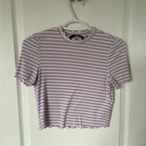 Purple and white striped short sleeve shirt
